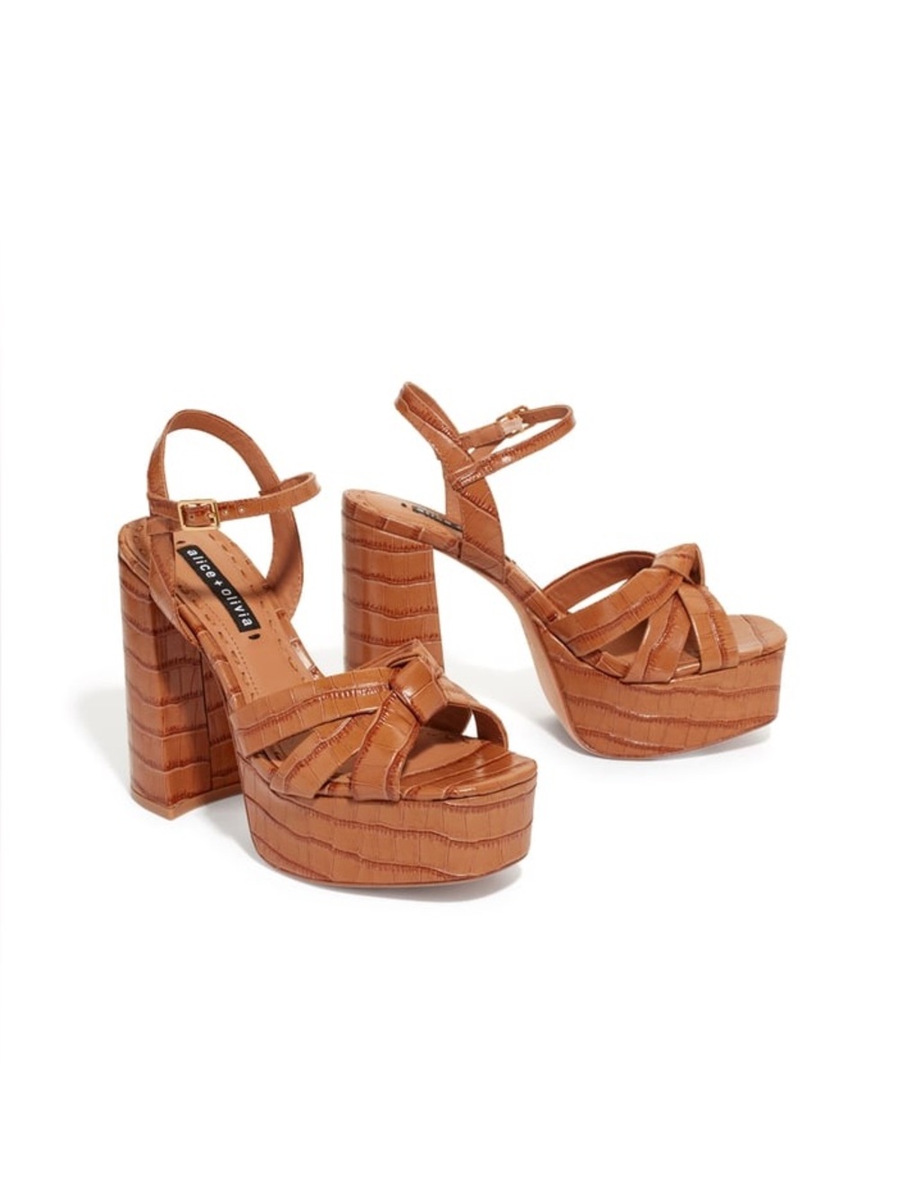 Alice + Olivia Tan Croc-Embossed Platform Block Heels